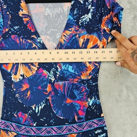 BCBGMAXAZRIA Dress Womens S Blue Floral Jersey Knit Pockets Drop Waist Tropical - Picture 6 of 9